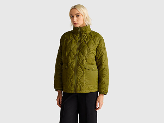 Benetton Kadın Haki Yeşili Fermuarlı Cepli Dik Yaka Kapitone Mont