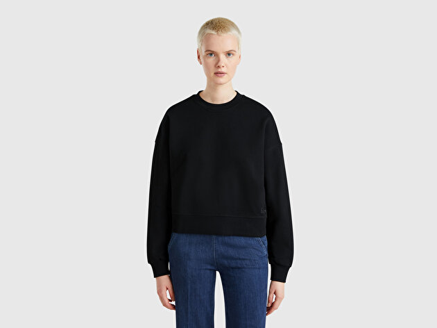 Benetton Kadın Siyah %100 Pamuk Ribana Detaylı Bisiklet Yaka Sweatshirt