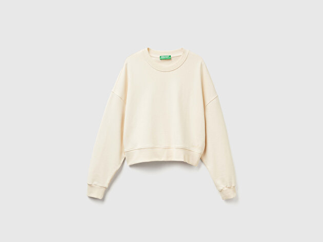 Benetton Kadın Krem %100 Pamuk Ribana Detaylı Bisiklet Yaka Sweatshirt