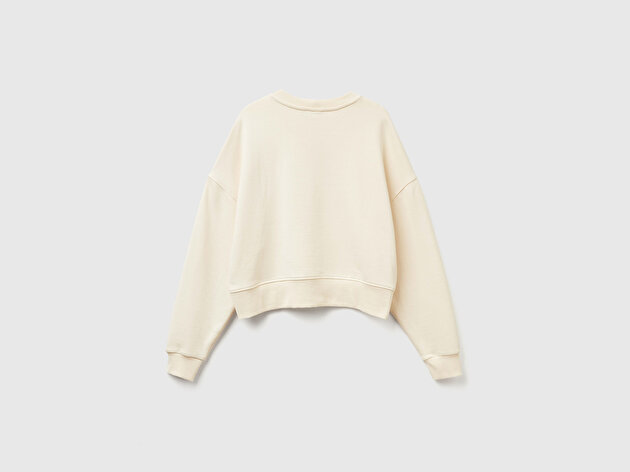 Benetton Kadın Krem %100 Pamuk Ribana Detaylı Bisiklet Yaka Sweatshirt