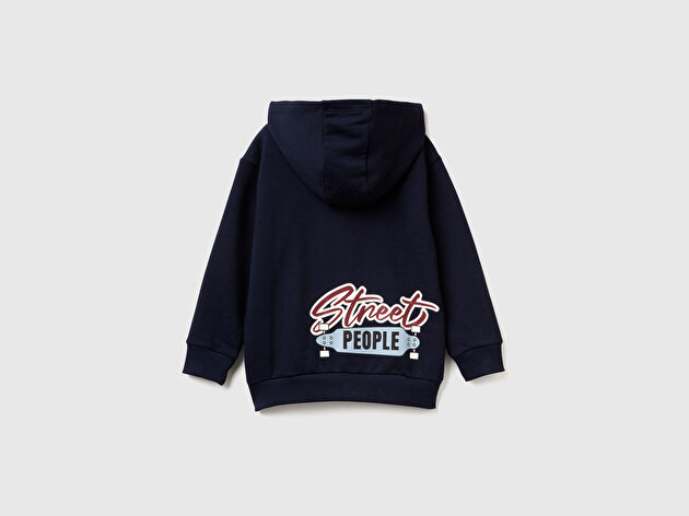 Benetton Erkek Bebek Lacivert Baskılı Fermuarlı Kapüşonlu Relaxed Fit Sweatshirt