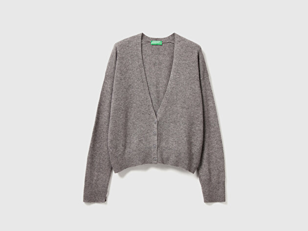 Benetton Kadın Antrasit Melanj Yün ve Kaşmir Karışımlı Ribana Detaylı Düğmeli Hırka