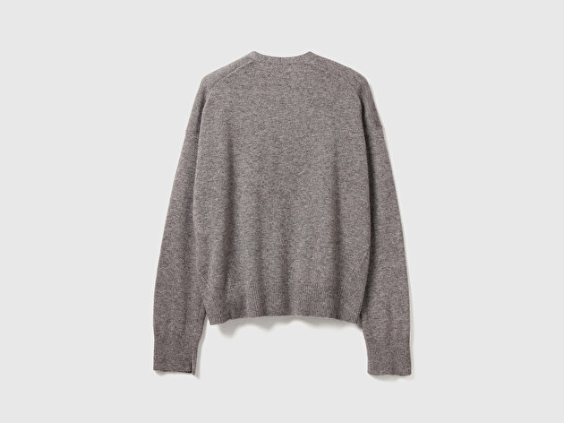 Benetton Kadın Antrasit Melanj Yün ve Kaşmir Karışımlı Ribana Detaylı Düğmeli Hırka