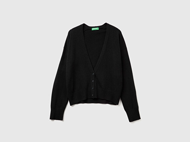 Benetton Kadın Sİyah Yün ve Kaşmir Karışımlı Ribana Detaylı Düğmeli Hırka