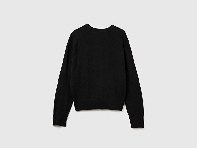 Benetton Kadın Sİyah Yün ve Kaşmir Karışımlı Ribana Detaylı Düğmeli Hırka