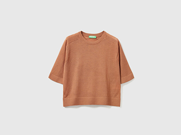 Benetton Kadın Taba  %100 Yün Bisiklet Yaka Kısa Kollu Kazak