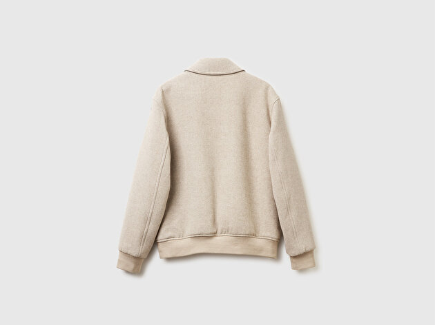 Benetton Erkek Taş Rengi Yün Karışımlı Cep Detaylı Düğmeli Gömlek Yaka Ceket