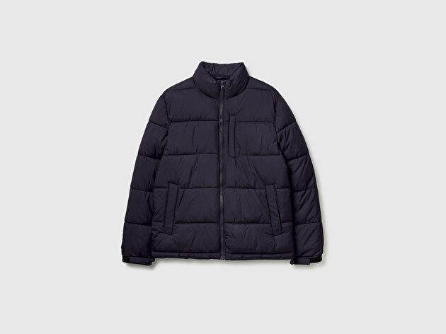 Benetton Erkek Lacivert Fermuarlı Cep Detaylı Dik Yaka Şişme Mont