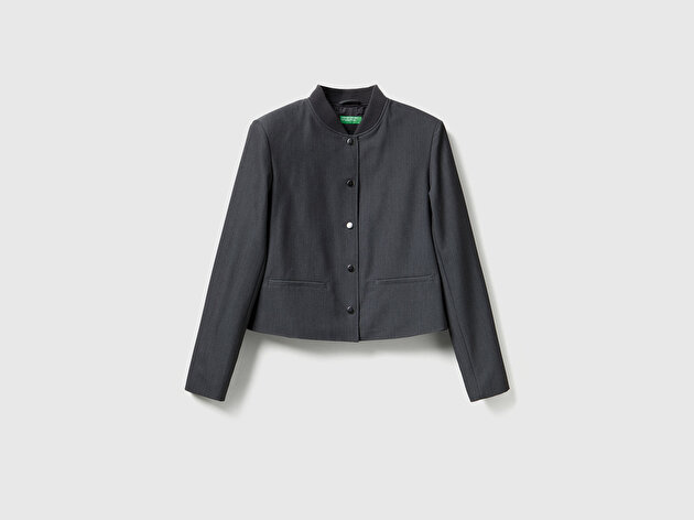 Benetton Kadın Antrasit Gri Viskoz Karışımlı Cep Detaylı Önü Çıtçıtlı Ceket