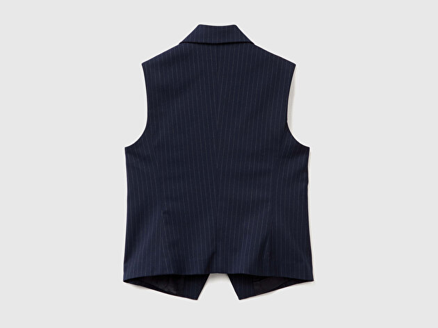 Benetton Kadın Lacivert Desenli Viskoz Karışımlı Düğmeli Kruvaze Yelek