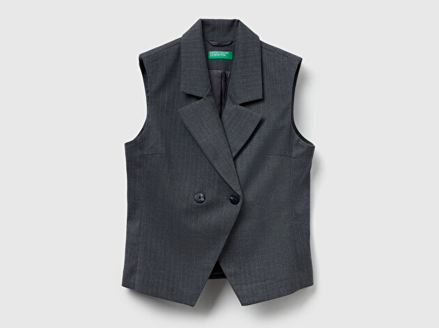 Benetton Kadın Haki Desenli Viskoz Karışımlı Düğmeli Kruvaze Yelek