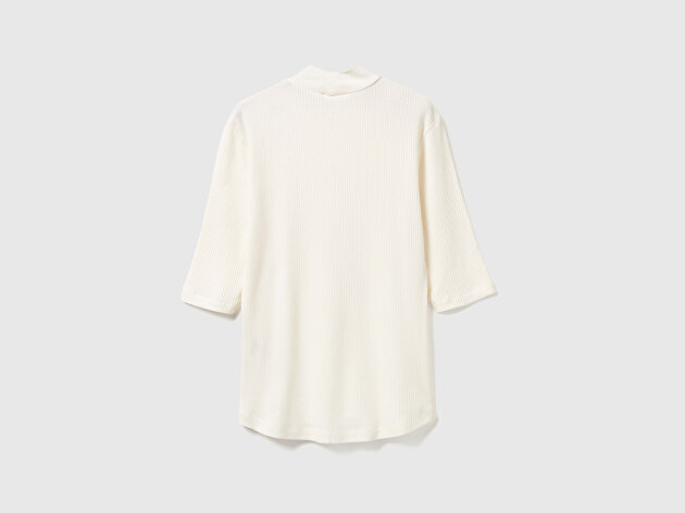 Benetton Kadın Krem Liyosel Karşımlı Yarım Kol Slim Fit Dik Yaka T-Shirt