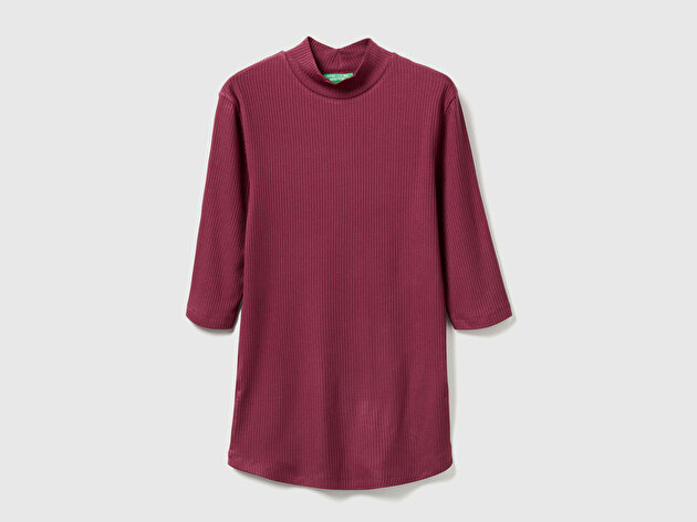 Benetton Kadın Mürdüm Liyosel Karşımlı Yarım Kol Slim Fit Dik Yaka T-Shirt