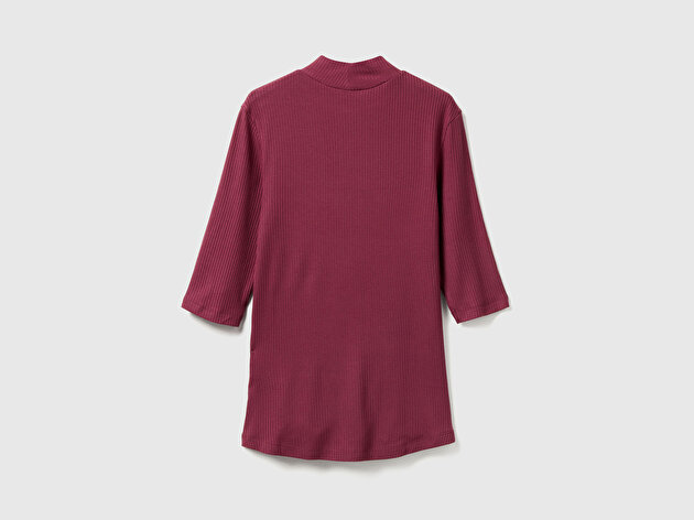 Benetton Kadın Mürdüm Liyosel Karşımlı Yarım Kol Slim Fit Dik Yaka T-Shirt