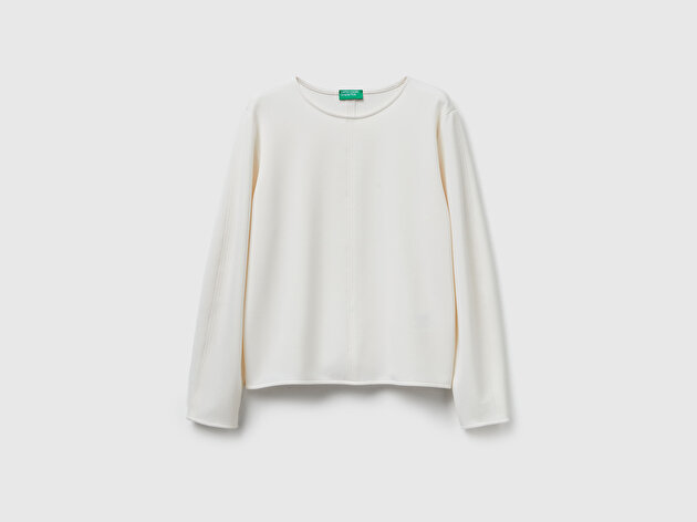 Benetton Kadın Krem Modal Karışımlı Etiket Detaylı Bisiklet Yaka Sweatshirt