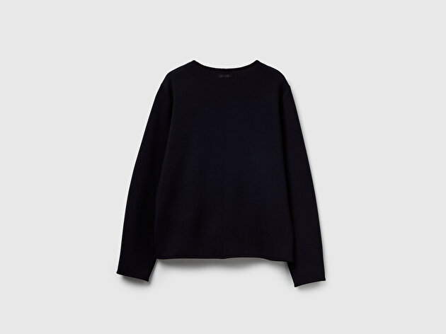 Benetton Kadın Siyah Modal Karışımlı Etiket Detaylı Bisiklet Yaka Sweatshirt