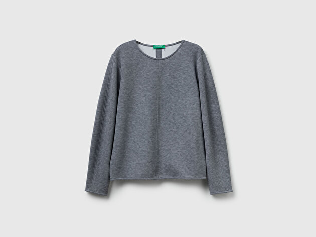 Benetton Kadın Açık Gri Modal Karışımlı Etiket Detaylı Bisiklet Yaka Sweatshirt