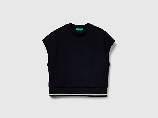 Benetton Kadın Siyah Modal Karışımlı Beli Çizgi Detaylı Kolsuz Sweatshirt