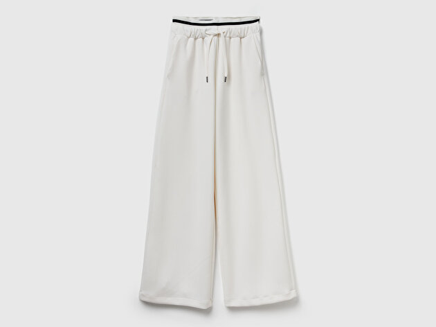 Benetton Kadın Krem Modal Karışımlı Cepli Beli Bağcıklı Geniş Paça Eşofman Altı