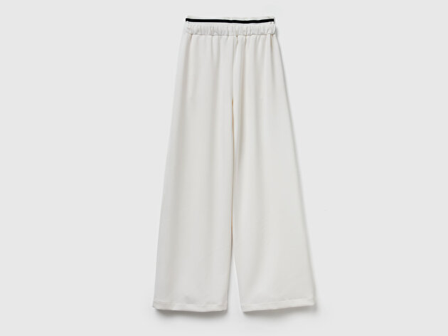 Benetton Kadın Krem Modal Karışımlı Cepli Beli Bağcıklı Geniş Paça Eşofman Altı