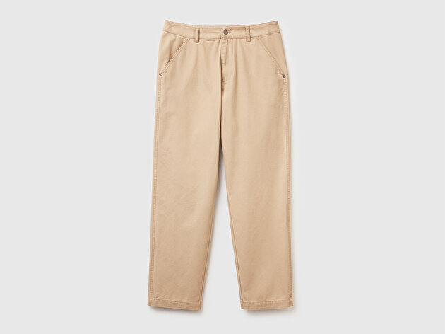 Benetton Erkek Taba %100 Pamuk Arka Cebi Logo Detaylı Pantolon
