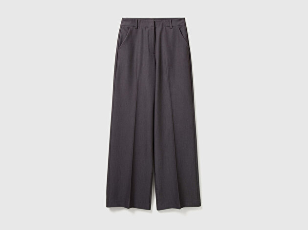 Benetton Kadın Antrasit Streç Kumaşlı Yüksek Bel Wide Leg Pantolon