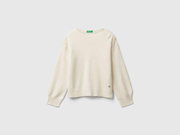 Benetton Kız Çocuk Krem Yün Karışımlı Kolu Ribanalı Kazak