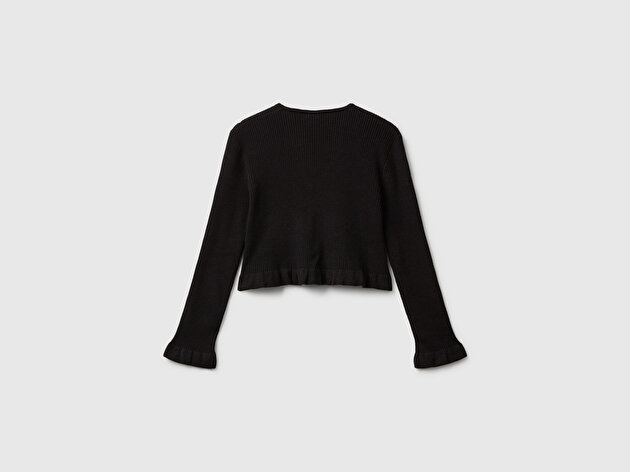 Benetton Kız Çocuk Siyah Kalp Düğmeli Büzgü Detaylı Ribana Hırka