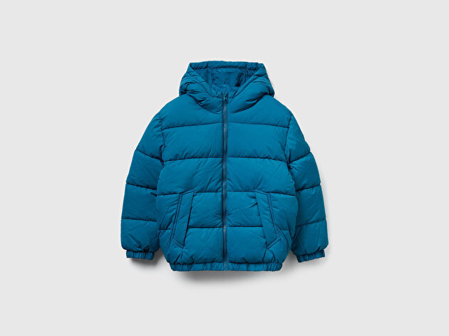 Benetton Erkek Çocuk Petrol Mavisi Logo Detaylı Fermuarlı Kapüşonlu Dolgulu Mont