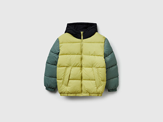 Benetton Erkek Çocuk Sarı Logo Detaylı Fermuarlı Kapüşonlu Dolgulu Mont
