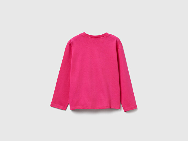 Benetton Kız Bebek Pembe Önü Baskılı Logo Etiketli Ribana Yakalı Uzun Kollu T-shirt