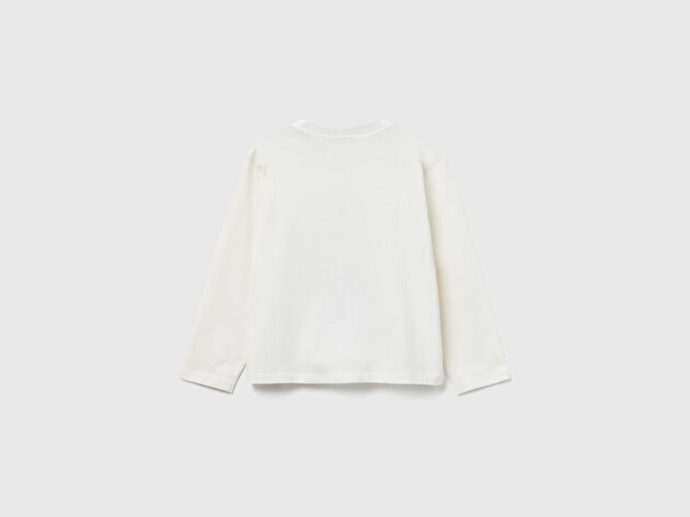 Benetton Kız Bebek Ekru Önü Baskılı Logo Etiketli Ribana Yakalı Uzun Kollu T-shirt