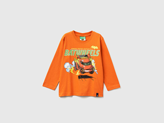 Benetton Erkek Bebek Turuncu Önü ve Arkası Çok Renkli Batwheels Baskılı Logo Etiketli Jarse T-shirt