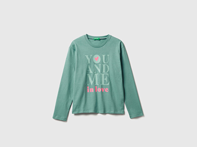 Benetton Kız Çocuk Gri-Yeşil Önü Baskılı Ribana Yakalı Relaxed Fit Uzun Kollu T-shirt