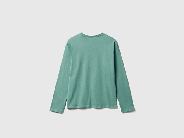 Benetton Kız Çocuk Gri-Yeşil Önü Baskılı Ribana Yakalı Relaxed Fit Uzun Kollu T-shirt
