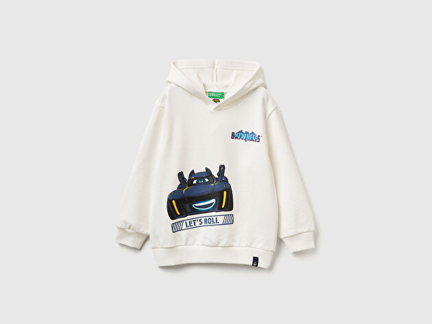 Benetton Erkek Bebek Ekru Batwheels Baskılı Logo Etiketli Nervürlü Kapüşonlu  Sweatshirt