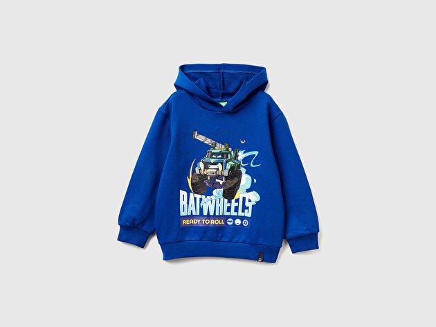 Benetton Erkek Bebek Saks Mavisi Batwheels Baskılı Logo Etiketli Nervürlü Kapüşonlu  Sweatshirt