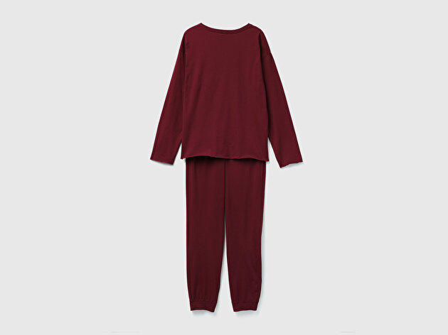 Benetton Kadın Bordo %100 Pamuk Üstü Bisiklet Yaka Altı Logolu Pijama Takımı