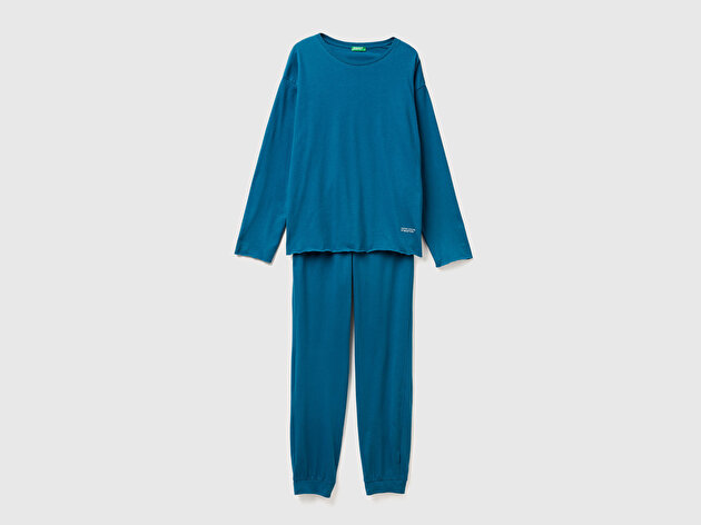 Benetton Kadın Mavi %100 Pamuk Üstü Bisiklet Yaka Altı Logolu Pijama Takımı