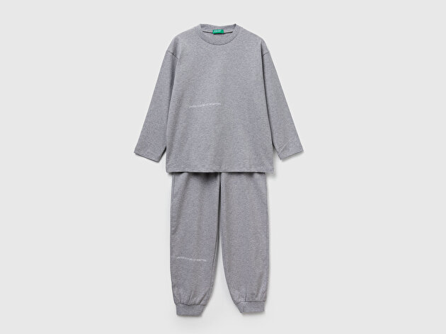 Benetton Erkek Çocuk Gri Melanj Logolu Düz Renk Pijama Takımı