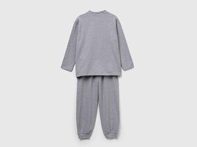 Benetton Erkek Çocuk Gri Melanj Logolu Düz Renk Pijama Takımı