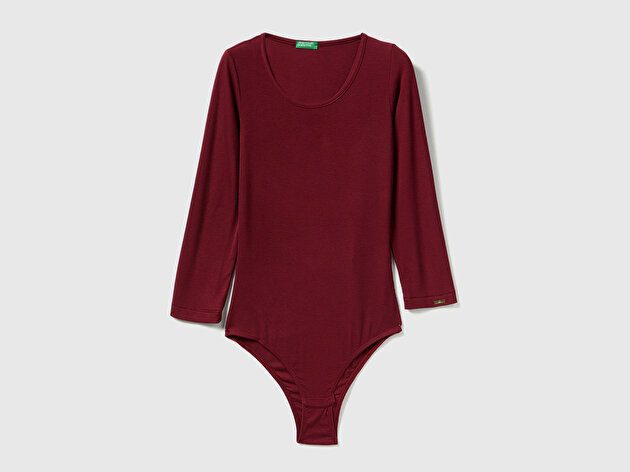 Benetton Kadın Bordo Viskoz Karışımlı Yarım Kol Yuvarlak Yaka Body