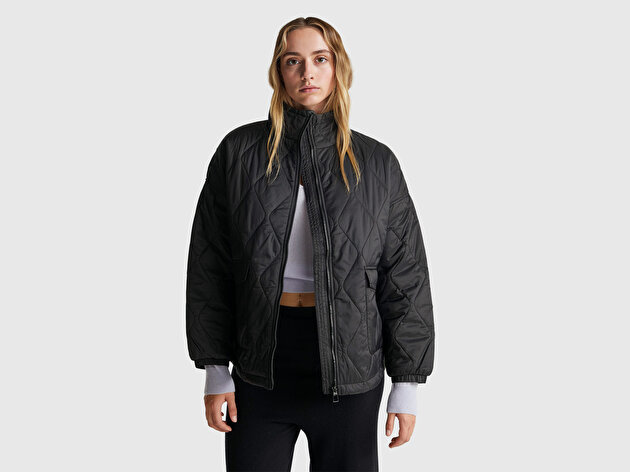 Benetton Kadın Siyah Fermuarlı Cepli Dik Yaka Kapitone Mont