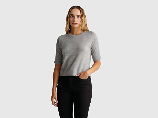 Benetton Kadın Gri Melanj %100 Yün Bisiklet Yaka Kısa Kollu Kazak