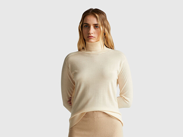 Benetton Kadın Pudra %100 Yün Ribana Detaylı Balıkçı Yaka Kazak