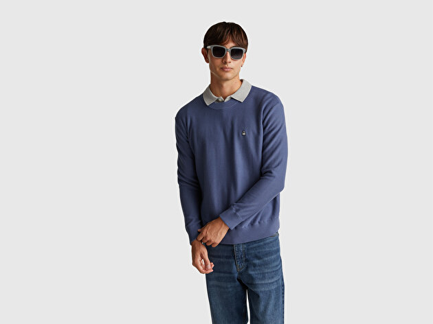 Benetton Erkek Havacı Mavi Pamuk Karışımlı Önü Logo İşlemeli Bisiklet Yaka Kazak