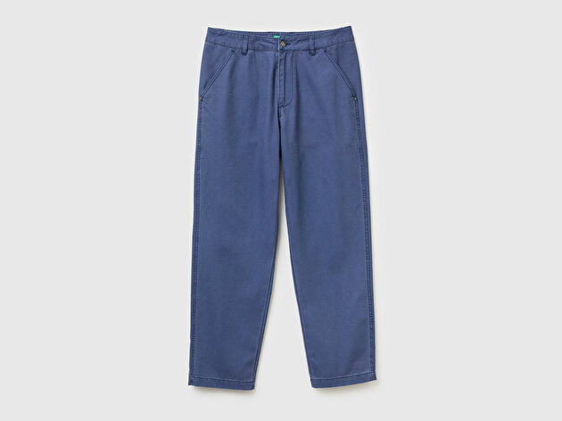 Benetton Erkek Mavi %100 Pamuk Arka Cebi Logo Detaylı Pantolon