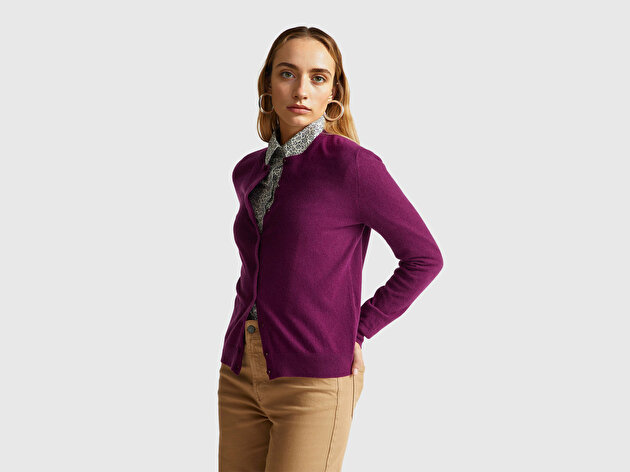 Benetton Kadın Mürdüm %100 Merino Bisiklet Yaka  Hırka