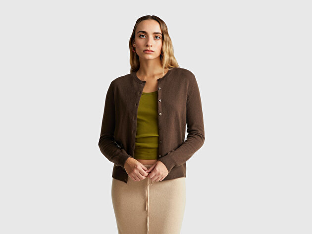 Benetton Kadın Koyu Kahverengi %100 Merino Bisiklet Yaka  Hırka