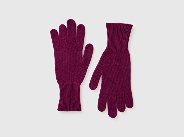 Benetton Kadın Mürdüm %100 Yün Bilek Detaylı Düz Eldiven